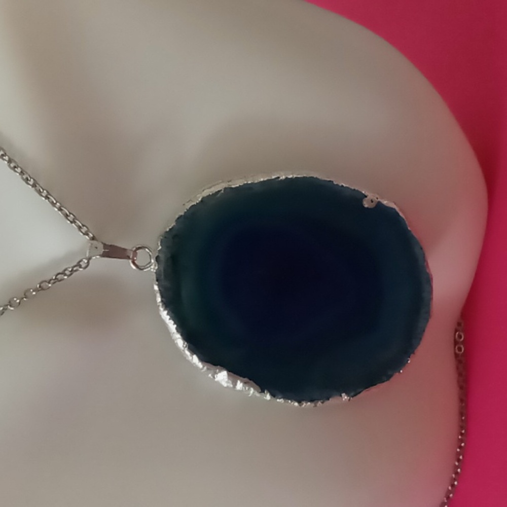 Large Teal blue agate stone necklace 24 inch box chain.silver tone.